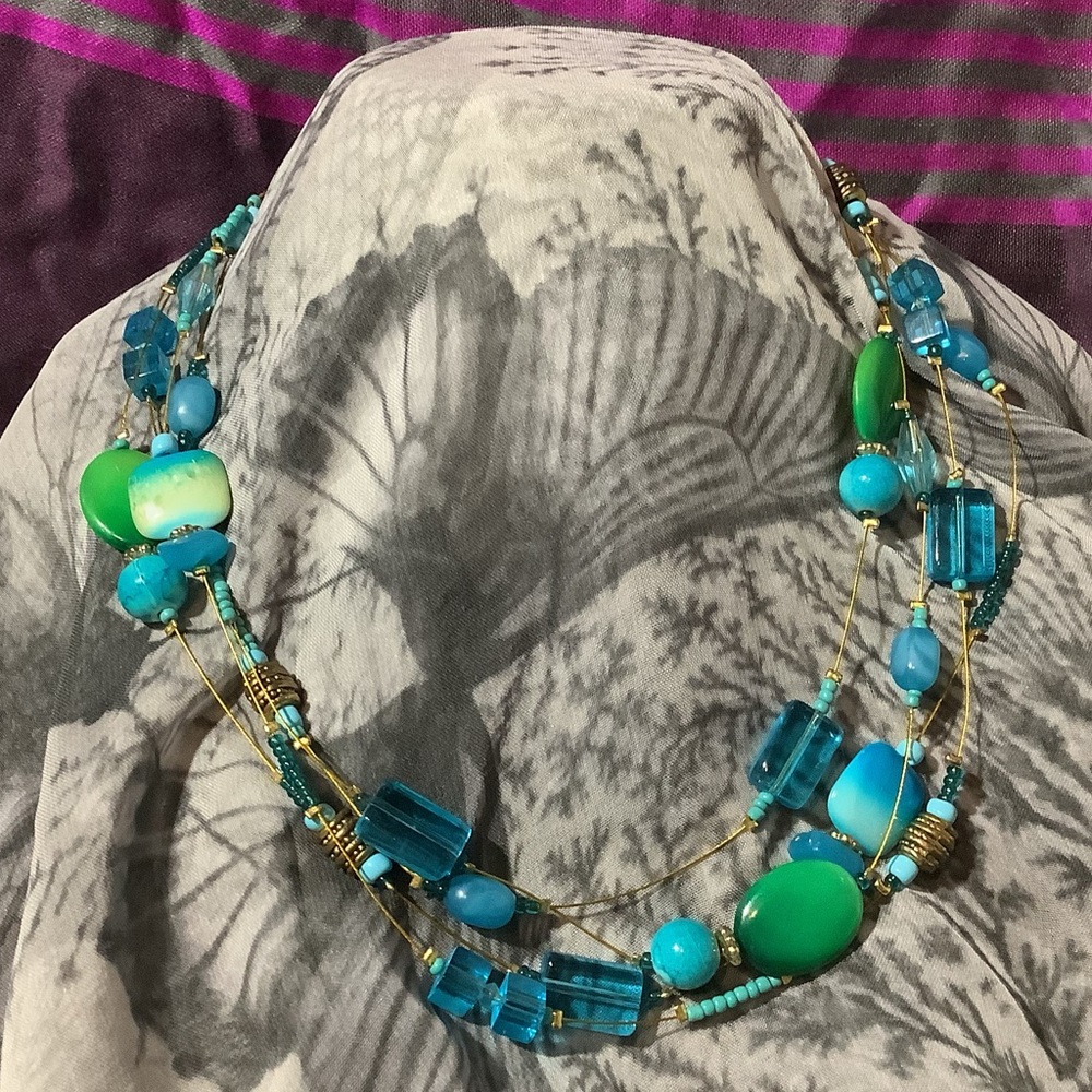 Elegant Multi-Strand Blue and Green Statement Necklace